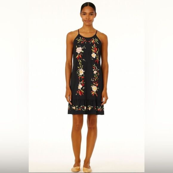 Farm Rio Black Floral Embroidered Ruffle Hem Mini Dress | Size M - Picture 1 of 8
